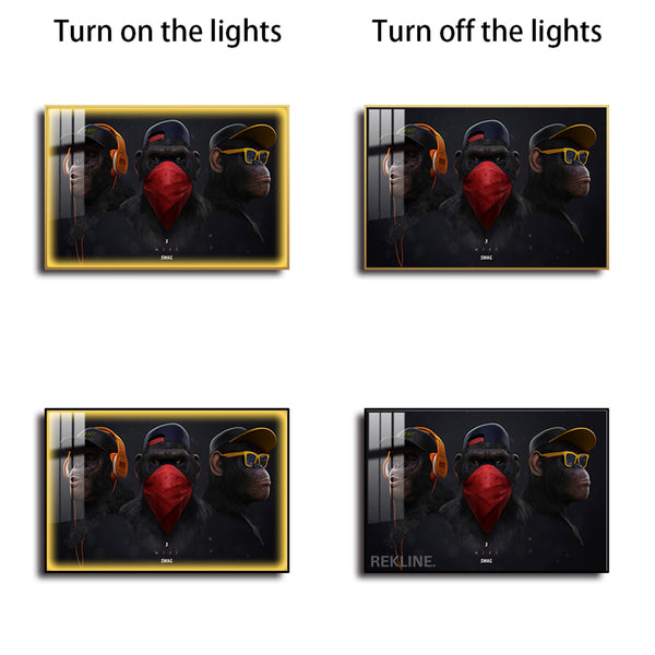 Urban Chimpanzee LED Canvas | colourful Monkey Horizontal 150×100 cm | Trio Chimp Painting, LED-Lit Crystal-Porcelain Art, Gold/Black Frame | By REKLINE