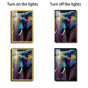 Vibrant Elephant Canvas Wall Art | Modern Painting with Remote & Plug | Led Canvas in Gold/Black Alloy Frame | 100 × 150 cm | By REKLINE