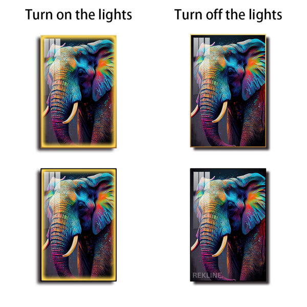 Vibrant Elephant Canvas Wall Art | Modern Painting with Remote & Plug | Led Canvas in Gold/Black Alloy Frame | 100 × 150 cm | By REKLINE