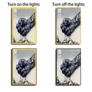 Graffiti Fist LED Canvas | 100×150 cm Urban Street Art, LED-Illuminated Crystal-Porcelain Painting, Gold/Black Frame |By REKLINE