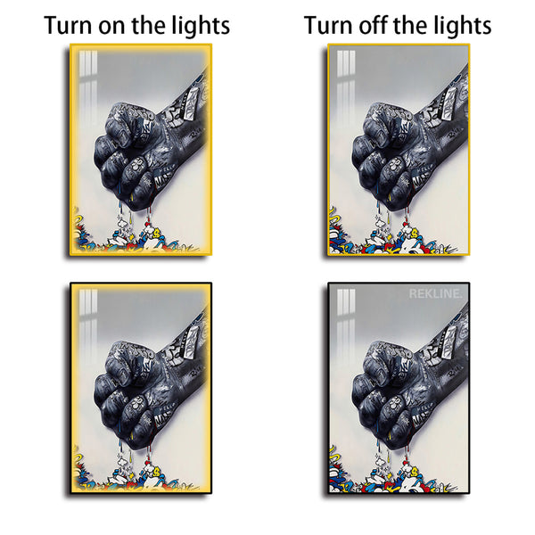 Graffiti Fist LED Canvas | 100×150 cm Urban Street Art, LED-Illuminated Crystal-Porcelain Painting, Gold/Black Frame |By REKLINE