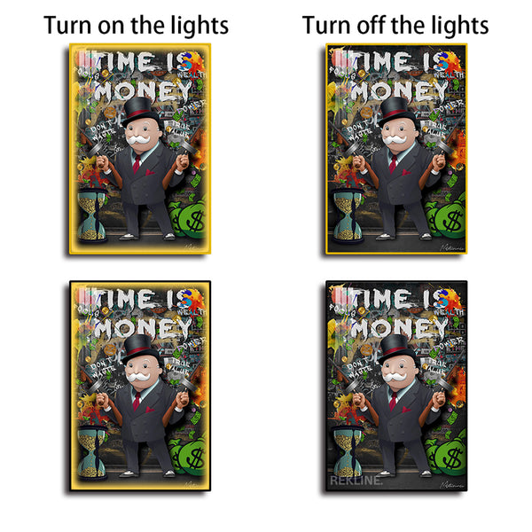 Time Is Money Monopoly-Inspired LED Canvas | 100×150 cm Money Wall Art, LED-Lit Crystal-Porcelain Painting, Gold/Black Frame | By REKLINE