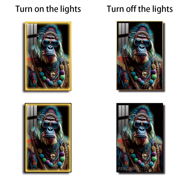 Gorilla Painting Canvas Wall Art | LED Canvas in Gold/Black Alloy Frame | 100 × 150 cm Large Canvas | By REKLINE