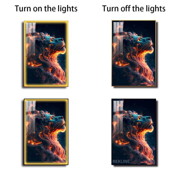 Lion Canvas Wall Art | 100×150 cm LED Feature in Gold or Black Frame | Adds Power to Modern Spaces | By REKLINE