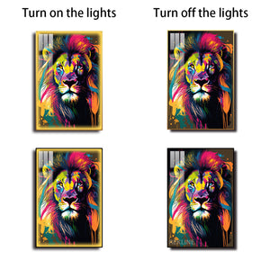 Colourful Lion LED Canvas | 100×150 cm LED-Illuminated Crystal-Porcelain Lion Painting, Gold/Black Frame | By REKLINE