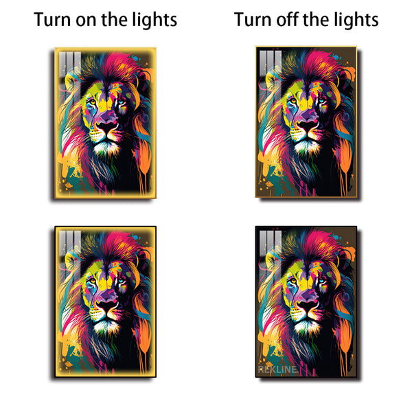 Colourful Lion LED Canvas | 100×150 cm LED-Illuminated Crystal-Porcelain Lion Painting, Gold/Black Frame | By REKLINE