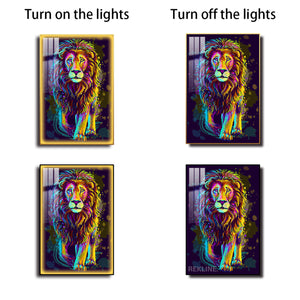 Colourful Lion LED Canvas Painting | Remote & Plug, Gold/Black Alloy Frame | Large 100 × 150 cm Vertical Pains | by REKLINE