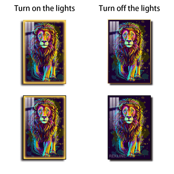 Colourful Lion LED Canvas Painting | Remote & Plug, Gold/Black Alloy Frame | Large 100 × 150 cm Vertical Pains | by REKLINE