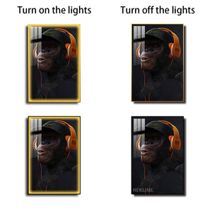 Monkey With Headphones Wall Art | LED Wall Art in Gold/Black Alloy Frame | 100 × 150 cm Large Canvas | By REKLINE