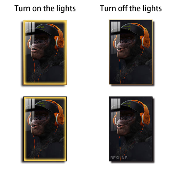 Monkey With Headphones Wall Art | LED Wall Art in Gold/Black Alloy Frame | 100 × 150 cm Large Canvas | By REKLINE