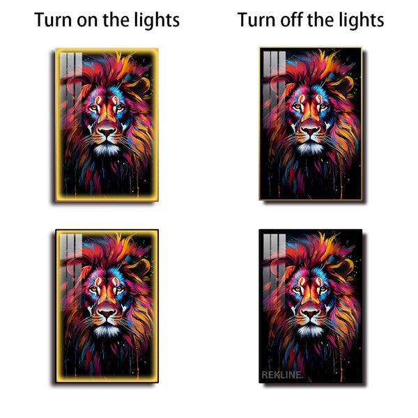 Lion Wall Art | Colourful LED Canvas with Gold or Black Frame | 100×150 cm Designed for Contemporary Interiors | By REKLINE