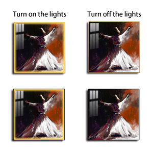 Sufi Whirling Dervish Islamic Wall Art | LED Wall Art in Gold/Black Alloy Frame | 100 × 100 cm | By REKLINE