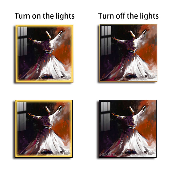 Sufi Whirling Dervish Islamic Wall Art | LED Wall Art in Gold/Black Alloy Frame | 100 × 100 cm | By REKLINE