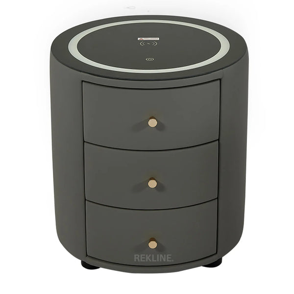 Small Grey 3 Drawer Fuax Leather Bedside Table With Lights LED | Round Table Glass Top & Built-in Wireless Charger | Bluetooth Modern Nightstand + USBc & Speakers  | Nashville