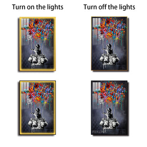 Dream Balloon LED Canvas | 100×150 cm LED-Illuminated Crystal-Porcelain Painting | Gold/Black Frame | By REKLINE