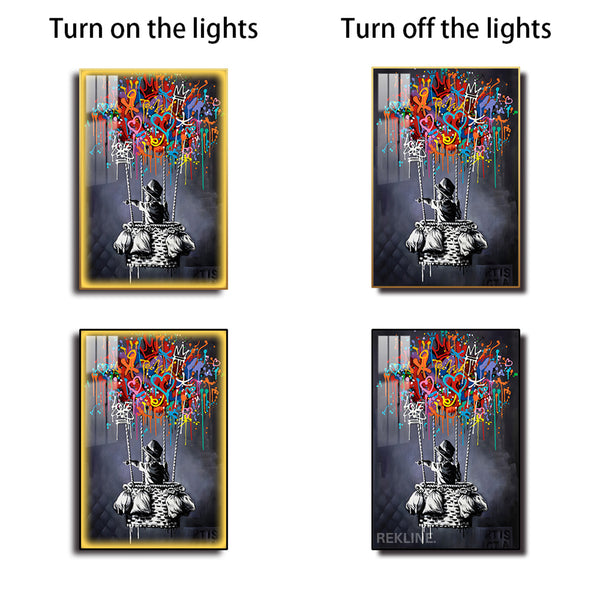 Dream Balloon LED Canvas | 100×150 cm LED-Illuminated Crystal-Porcelain Painting | Gold/Black Frame | By REKLINE