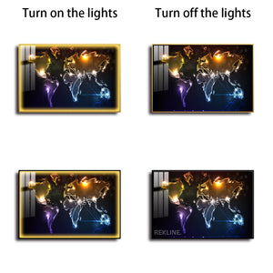 Illuminated World Map LED Canvas | Horizontal World Map Painting 100×150 cm | LED-Illuminated Crystal-Porcelain World Map Painting, Gold/Black Frame | By REKLINE