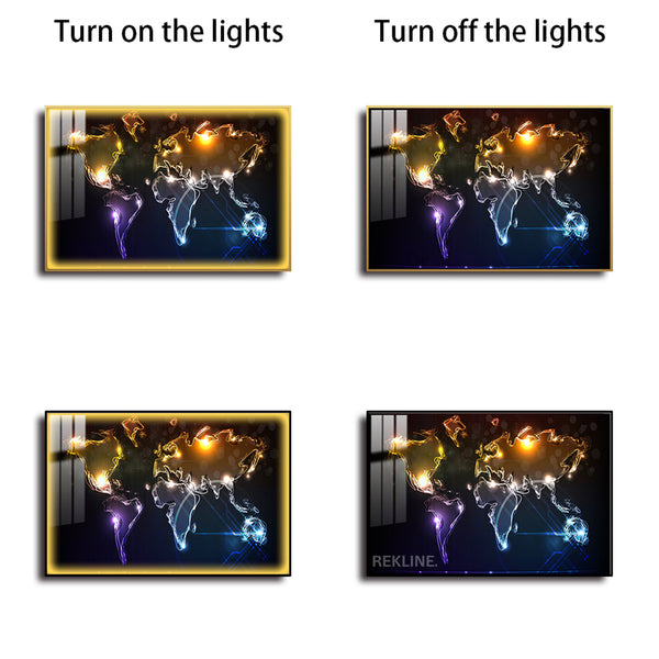 Illuminated World Map LED Canvas | Horizontal World Map Painting 100×150 cm | LED-Illuminated Crystal-Porcelain World Map Painting, Gold/Black Frame | By REKLINE