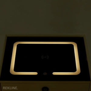 Small Off-White 2 Drawer Bedside Table With Lights LED & Fingerprint Lock | Table Glass Top with Built-in Wireless Charger & BT Speakers | Modern Nightstand + USBc | Miami