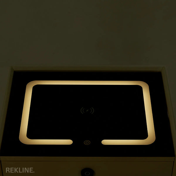 Small Off-White 2 Drawer Bedside Table With Lights LED & Fingerprint Lock | Table Glass Top with Built-in Wireless Charger & BT Speakers | Modern Nightstand + USBc | Miami