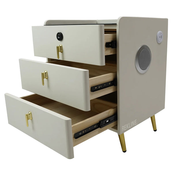 Small Off-White 3 Drawer Faux Leather Bedside Table With Lights LED & Fingerprint Lock | Square Table Glass Top & Built-in Wireless Charger | Bluetooth Modern Nightstand + USBc + Speakers  | California