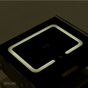 Small Grey 2 Drawer Bedside Table With Lights LED | PIN Locked Drawer | Square Table Glass Top & Built-in Wireless Charger | Bluetooth Modern Nightstand + USBc + Speakers  | Chicago