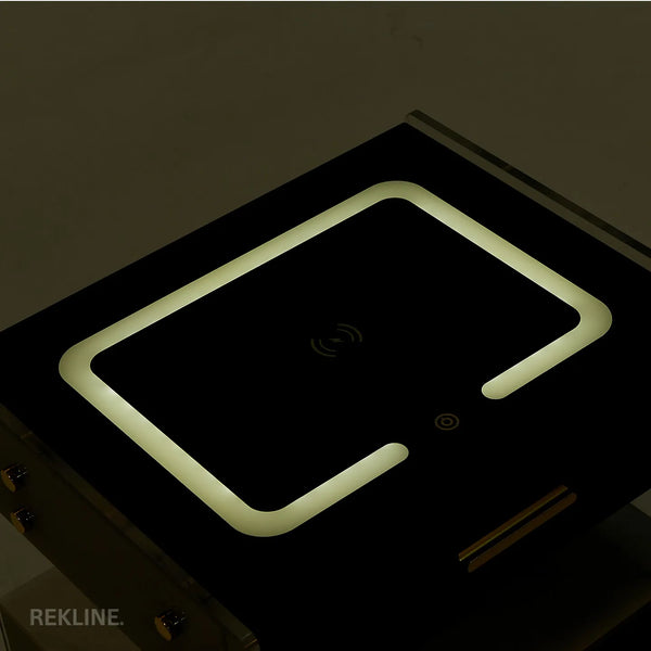 Small Grey 2 Drawer Bedside Table With Lights LED | PIN Locked Drawer | Square Table Glass Top & Built-in Wireless Charger | Bluetooth Modern Nightstand + USBc + Speakers  | Chicago