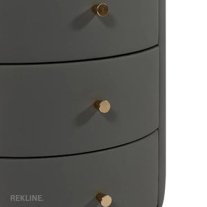 Small Grey 3 Drawer Fuax Leather Bedside Table With Lights LED | Round Table Glass Top & Built-in Wireless Charger | Bluetooth Modern Nightstand + USBc & Speakers  | Nashville