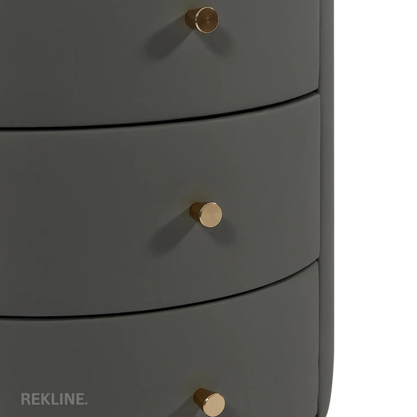 Small Grey 3 Drawer Fuax Leather Bedside Table With Lights LED | Round Table Glass Top & Built-in Wireless Charger | Bluetooth Modern Nightstand + USBc & Speakers  | Nashville