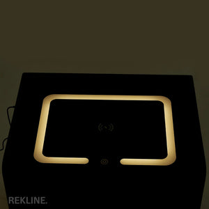 Small Grey 3 Drawer Faux Leather Bedside Table With Lights LED & Fingerprint Lock | Round Table Glass Top & Built-in Wireless Charger | Bluetooth Modern Nightstand + USBc & Speakers  | Florida