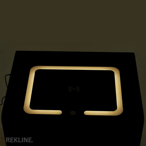 Small Grey 3 Drawer Faux Leather Bedside Table With Lights LED & Fingerprint Lock | Round Table Glass Top & Built-in Wireless Charger | Bluetooth Modern Nightstand + USBc & Speakers  | Florida