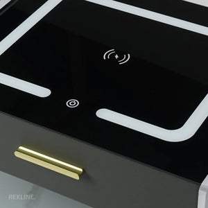 Small Grey 2 Drawer Bedside Table With Lights LED | PIN Locked Drawer | Square Table Glass Top & Built-in Wireless Charger | Bluetooth Modern Nightstand + USBc + Speakers  | Chicago