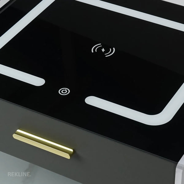 Small Grey 2 Drawer Bedside Table With Lights LED | PIN Locked Drawer | Square Table Glass Top & Built-in Wireless Charger | Bluetooth Modern Nightstand + USBc + Speakers  | Chicago