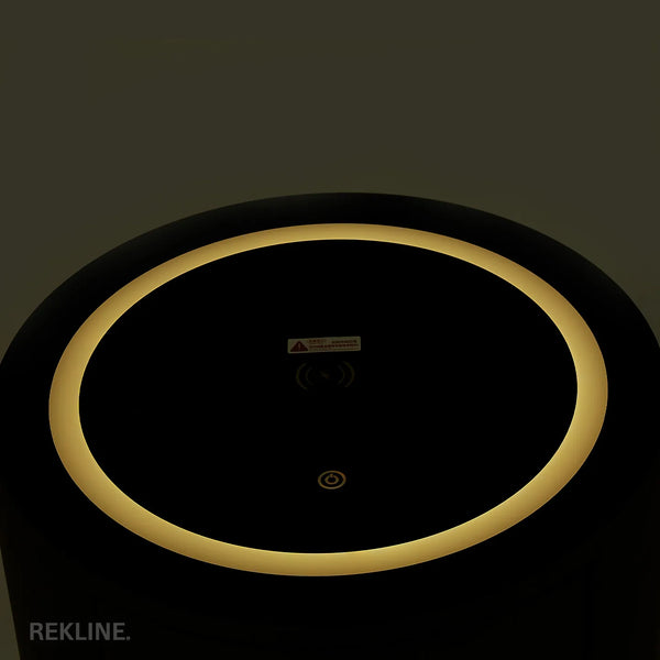 Small Grey 3 Drawer Fuax Leather Bedside Table With Lights LED | Round Table Glass Top & Built-in Wireless Charger | Bluetooth Modern Nightstand + USBc & Speakers  | Nashville