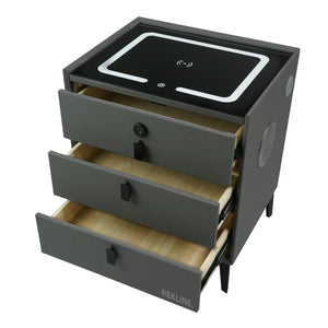 Small Grey 3 Drawer Faux Leather Bedside Table With Lights LED & Fingerprint Lock | Round Table Glass Top & Built-in Wireless Charger | Bluetooth Modern Nightstand + USBc & Speakers  | Florida