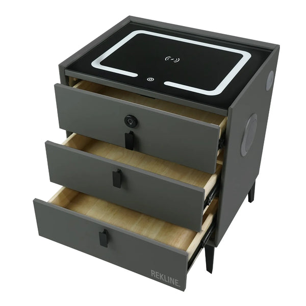 Small Grey 3 Drawer Faux Leather Bedside Table With Lights LED & Fingerprint Lock | Round Table Glass Top & Built-in Wireless Charger | Bluetooth Modern Nightstand + USBc & Speakers  | Florida