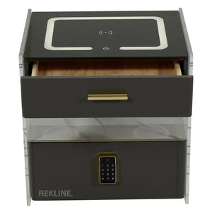 Small Grey 2 Drawer Bedside Table With Lights LED | PIN Locked Drawer | Square Table Glass Top & Built-in Wireless Charger | Bluetooth Modern Nightstand + USBc + Speakers  | Chicago