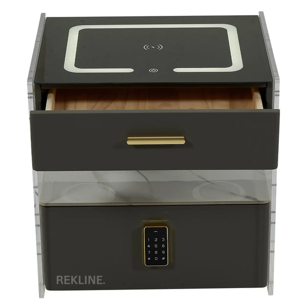 Small Grey 2 Drawer Bedside Table With Lights LED | PIN Locked Drawer | Square Table Glass Top & Built-in Wireless Charger | Bluetooth Modern Nightstand + USBc + Speakers  | Chicago