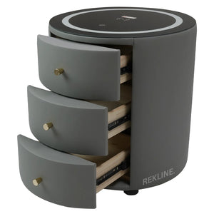 Small Grey 3 Drawer Fuax Leather Bedside Table With Lights LED | Round Table Glass Top & Built-in Wireless Charger | Bluetooth Modern Nightstand + USBc & Speakers  | Nashville