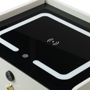 Small Off-White 3 Drawer Faux Leather Bedside Table With Lights LED & Fingerprint Lock | Square Table Glass Top & Built-in Wireless Charger | Bluetooth Modern Nightstand + USBc + Speakers  | California