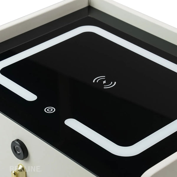 Small Off-White 3 Drawer Faux Leather Bedside Table With Lights LED & Fingerprint Lock | Square Table Glass Top & Built-in Wireless Charger | Bluetooth Modern Nightstand + USBc + Speakers  | California