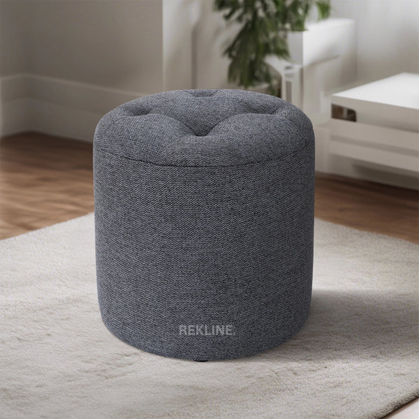 Large Round Tweed Grey Fabric Pouffe Footstool for Sofa | 41cm H x 38cm W | Vaneto Stool by REKLINE