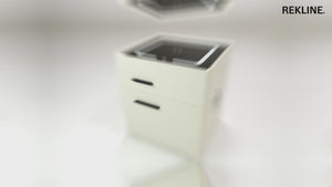 Small Off-White 2 Drawer Bedside Table With Lights LED & Hidden Safety Box | Square Table Glass Top & Built-in Wireless Charger | Bluetooth Modern Nightstand + USBc + Speakers  | California