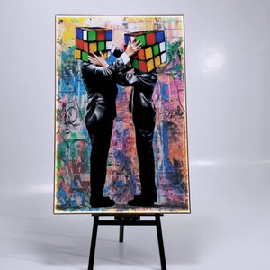 Rubik Cube Heads LED Canvas | 100×150 cm LED-Illuminated Crystal-Porcelain Rubik Cube Painting, Gold/Black Frame | By REKLINE