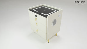 Small Off-White 3 Drawer Faux Leather Bedside Table With Lights LED & Fingerprint Lock | Square Table Glass Top & Built-in Wireless Charger | Bluetooth Modern Nightstand + USBc + Speakers  | California