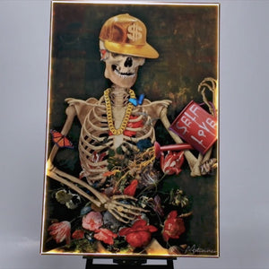 LED Skeleton Canvas Art | Self Love Skeleton Painting | 100×150 cm LED-Illuminated Crystal-Porcelain in Gold Frame | By REKLINE