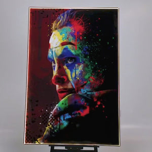 Joker Wall Art | LED Canvas with Splatter Detail & Gold or Black Frame | 100×150 cm Abstract Pop Villain Aesthetic | By REKLINE