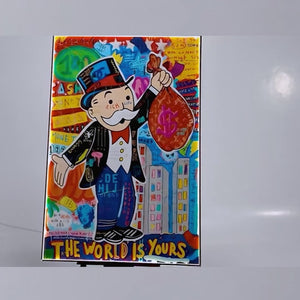 Monopoly Man LED Canvas | The World Is Yours | 100×150 cm LED-Illuminated Crystal-Porcelain Painting, Gold/Black Frame | By REKLINE