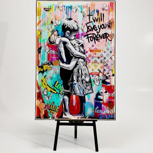I Will Love You Forever LED Canvas | 100×150 cm LED-Illuminated Crystal-Porcelain Banksy Romantic Street Art Painting, Gold/Black Frame | By REKLINE