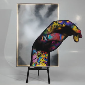 Raised Fist LED Graffiti Art Canvas Wall Decor | Remote Control & Wired Plug | Gold or Black Aluminium Frame | Large 100 × 150 cm Street-Art Print | by REKLINE